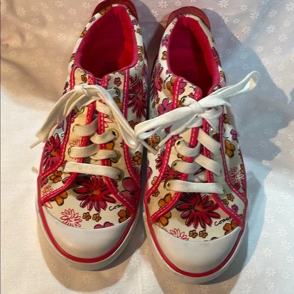 COACH Pink and White Sneakers Floral Canvas Design Laces EUC - Picture 5 of 13